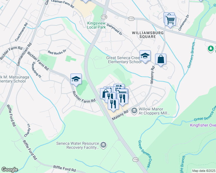 map of restaurants, bars, coffee shops, grocery stores, and more near 13115 Millhaven Place in Germantown