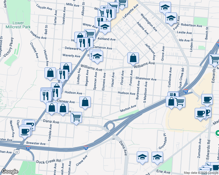 map of restaurants, bars, coffee shops, grocery stores, and more near 3907 Hazel Avenue in Cincinnati