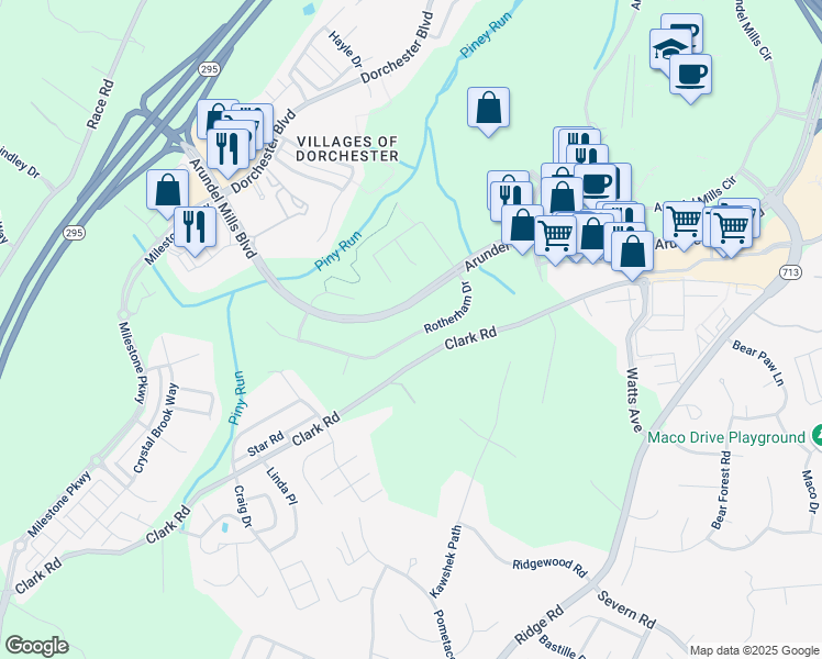 map of restaurants, bars, coffee shops, grocery stores, and more near 7734 Rotherham Drive in Hanover