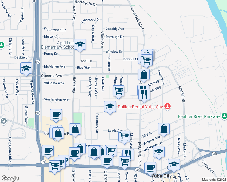 map of restaurants, bars, coffee shops, grocery stores, and more near 1428 Wendell Way in Yuba City
