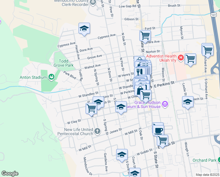 map of restaurants, bars, coffee shops, grocery stores, and more near 204 North Dora Street in Ukiah