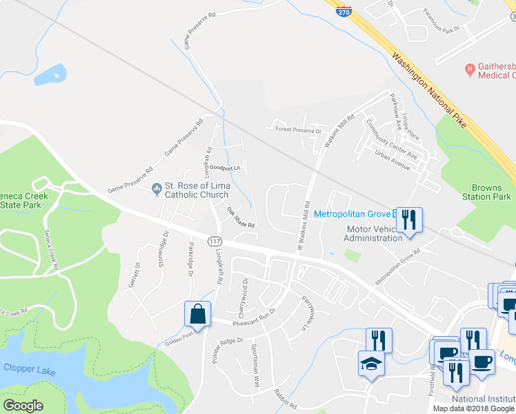 map of restaurants, bars, coffee shops, grocery stores, and more near 30 Oak Shade Road in Gaithersburg