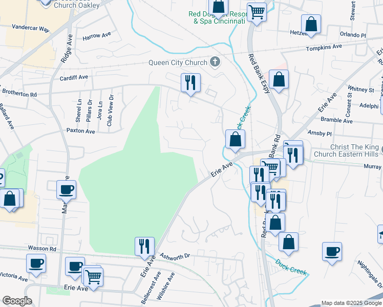 map of restaurants, bars, coffee shops, grocery stores, and more near 3843 Country Club Place in Cincinnati