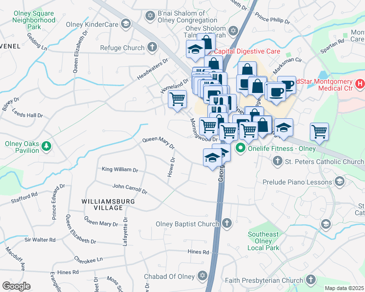 map of restaurants, bars, coffee shops, grocery stores, and more near 3515 Queen Mary Drive in Olney