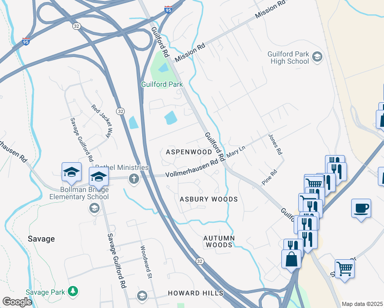 map of restaurants, bars, coffee shops, grocery stores, and more near 10076 Guilford Road in Jessup