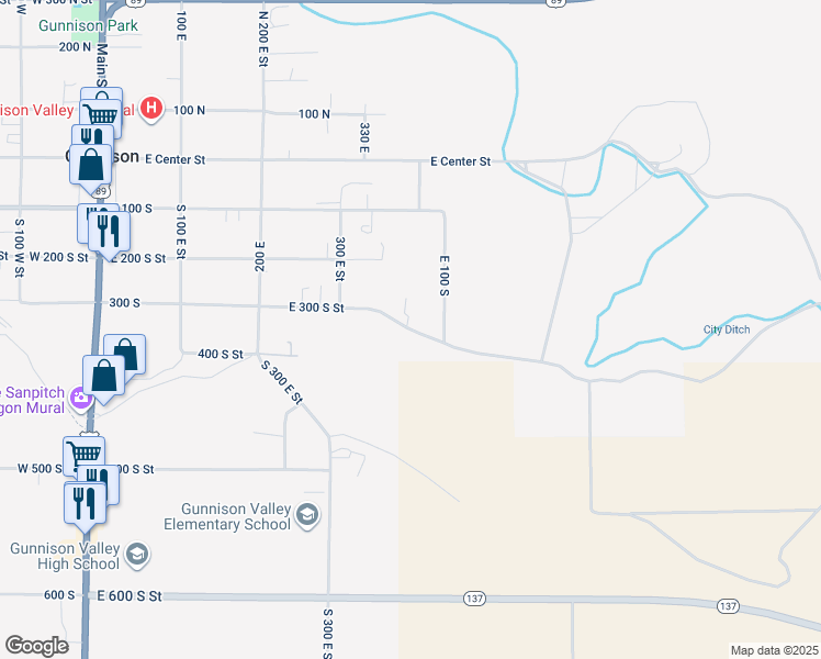 map of restaurants, bars, coffee shops, grocery stores, and more near 340 East 300 South Street in Gunnison