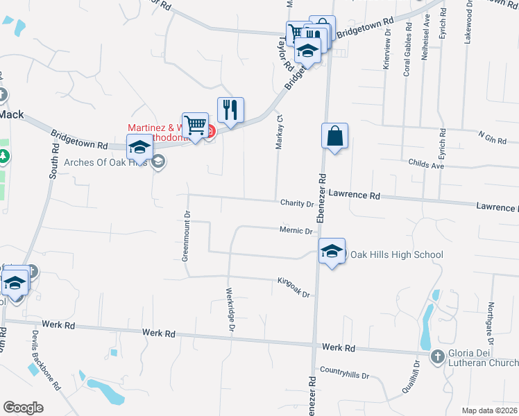 map of restaurants, bars, coffee shops, grocery stores, and more near 6223 Charity Drive in Cincinnati