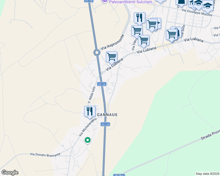 map of restaurants, bars, coffee shops, grocery stores, and more near 8 Via Solki in Carbonia