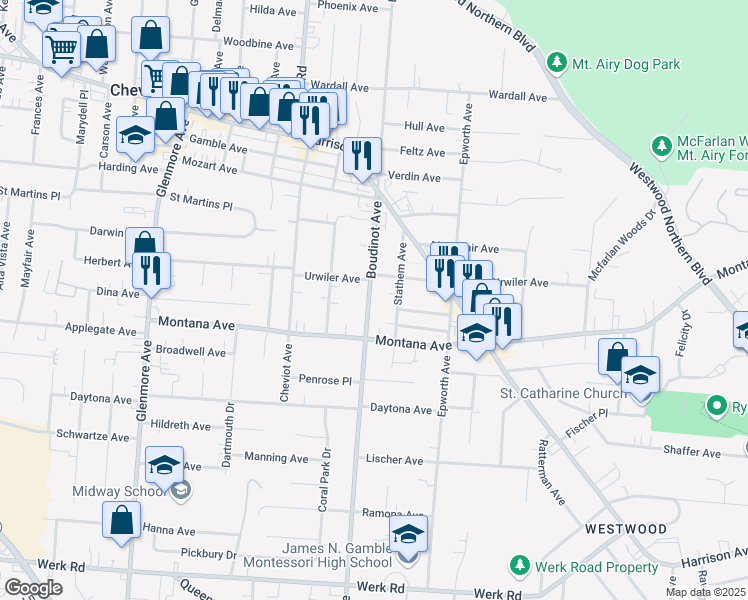 map of restaurants, bars, coffee shops, grocery stores, and more near 3432 Boudinot Avenue in Cincinnati