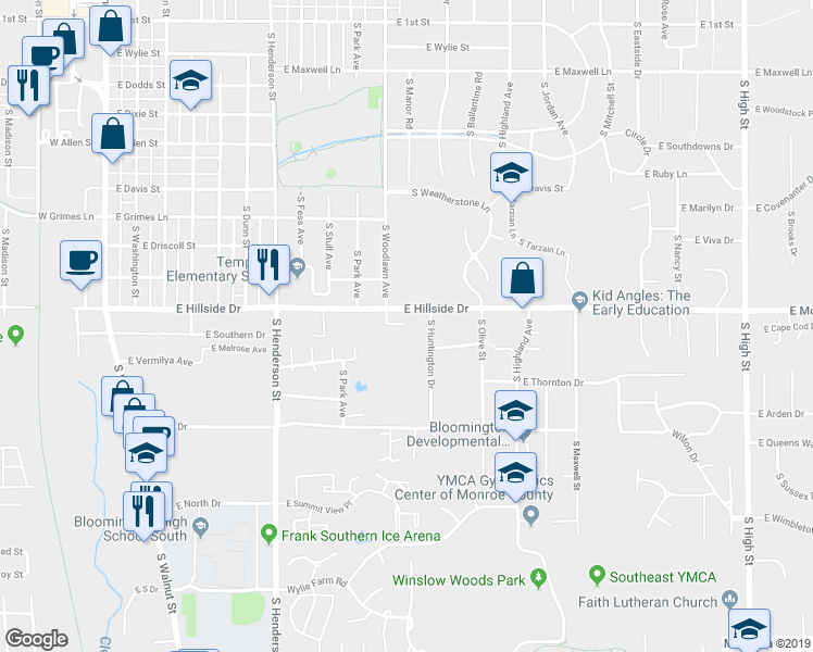 map of restaurants, bars, coffee shops, grocery stores, and more near 962 East Hillside Drive in Bloomington