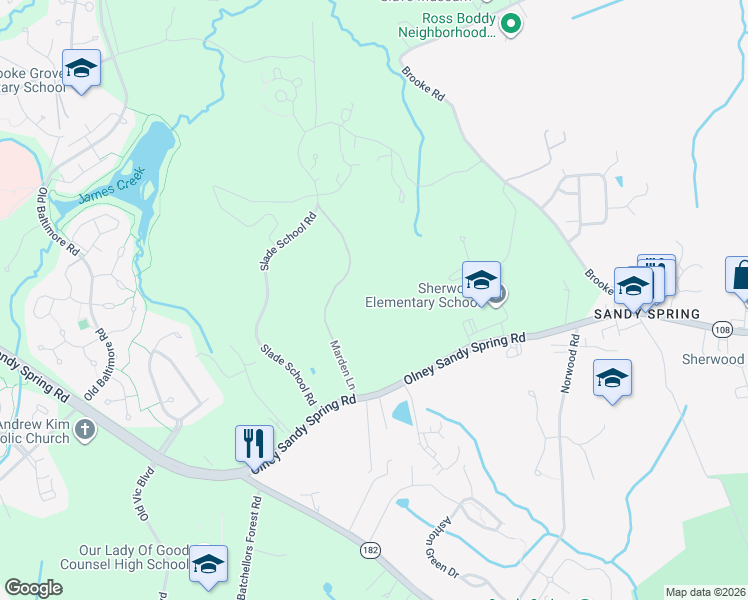map of restaurants, bars, coffee shops, grocery stores, and more near 1621 Olney Sandy Spring Road in Montgomery County