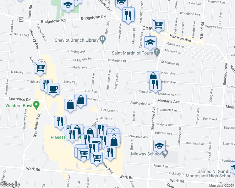 map of restaurants, bars, coffee shops, grocery stores, and more near 3410 Mayfair Avenue in Cincinnati