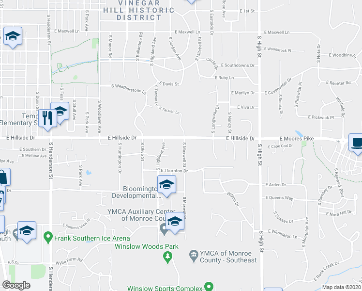 map of restaurants, bars, coffee shops, grocery stores, and more near 1514 South Maxwell Street in Bloomington