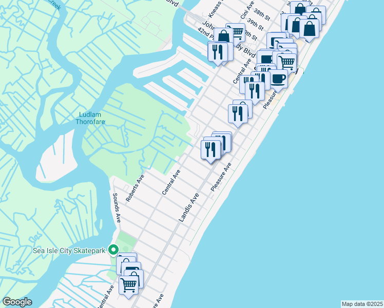 map of restaurants, bars, coffee shops, grocery stores, and more near 5015 Central Ave in Sea Isle City