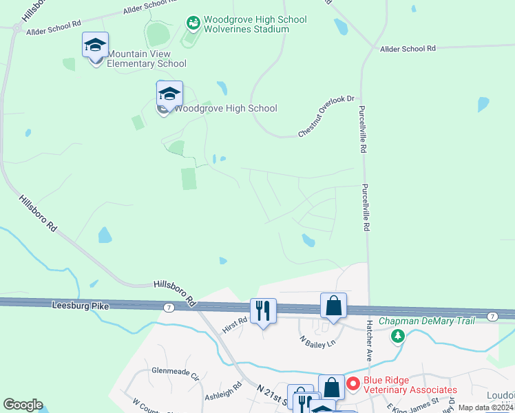 map of restaurants, bars, coffee shops, grocery stores, and more near 817 Pencoast Drive in Purcellville