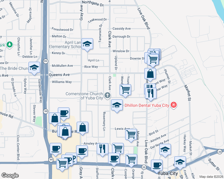 map of restaurants, bars, coffee shops, grocery stores, and more near 1431 Clark Avenue in Yuba City
