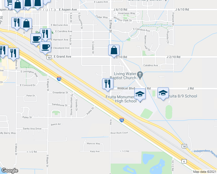 map of restaurants, bars, coffee shops, grocery stores, and more near 842 East Cedar Court in Fruita