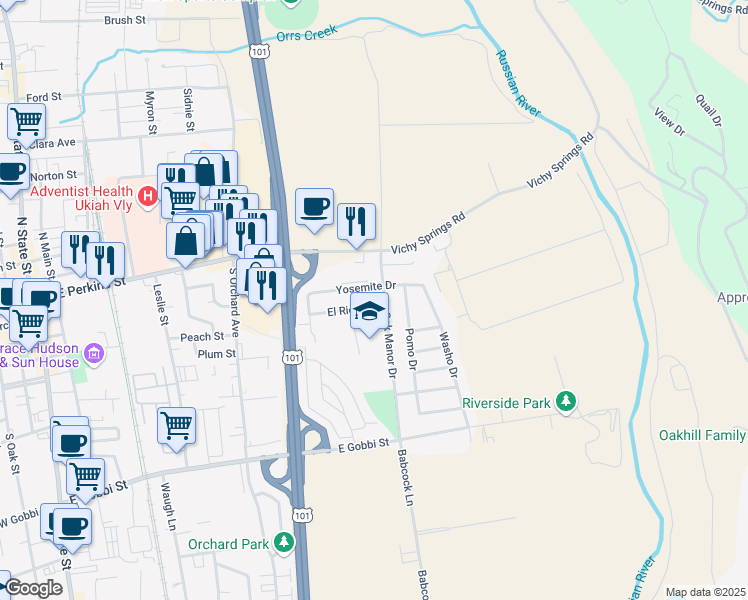 map of restaurants, bars, coffee shops, grocery stores, and more near 760 El Rio Street in Ukiah