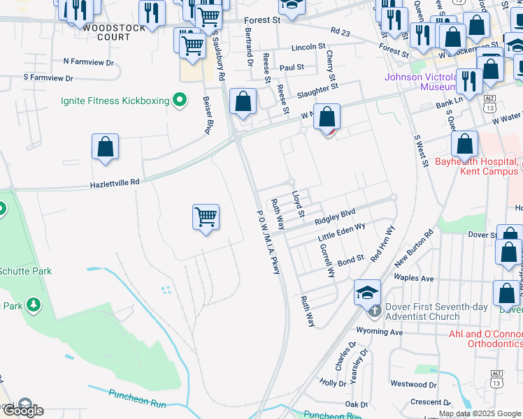 map of restaurants, bars, coffee shops, grocery stores, and more near in Dover
