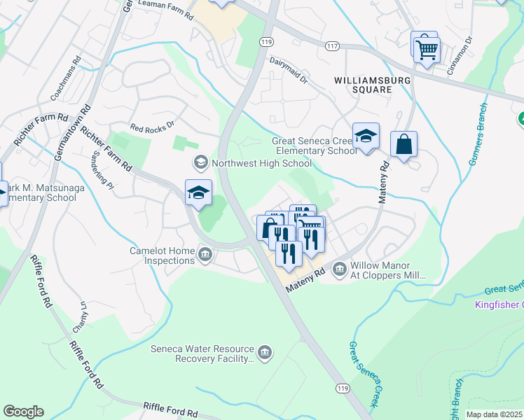 map of restaurants, bars, coffee shops, grocery stores, and more near 13107 Millhaven Place in Germantown