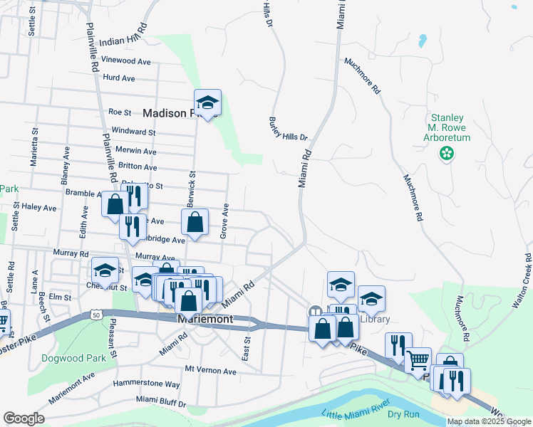 map of restaurants, bars, coffee shops, grocery stores, and more near 6998 Bramble Hill Drive in Cincinnati