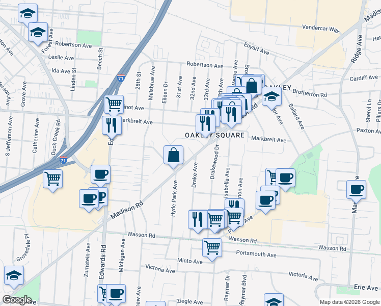 map of restaurants, bars, coffee shops, grocery stores, and more near 2951 Madison Road in Cincinnati