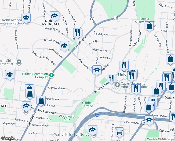 map of restaurants, bars, coffee shops, grocery stores, and more near 995 Dana Avenue in Cincinnati