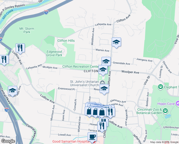 map of restaurants, bars, coffee shops, grocery stores, and more near in Cincinnati