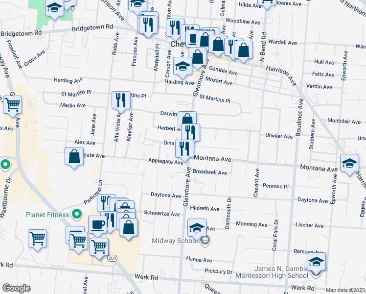 map of restaurants, bars, coffee shops, grocery stores, and more near 3719 Dina Avenue in Cincinnati