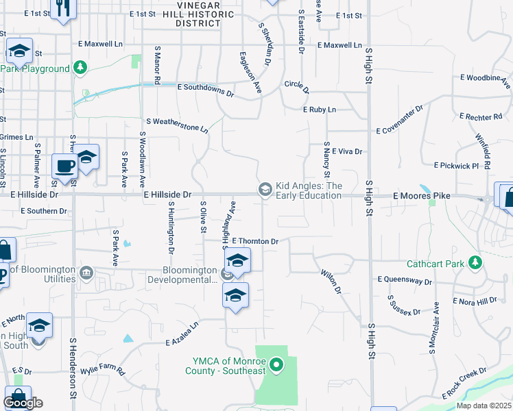 map of restaurants, bars, coffee shops, grocery stores, and more near 1514 South Maxwell Street in Bloomington