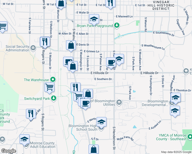 map of restaurants, bars, coffee shops, grocery stores, and more near 1510 South Grant Street in Bloomington