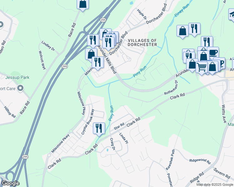 map of restaurants, bars, coffee shops, grocery stores, and more near 7789 Rotherham Drive in Hanover