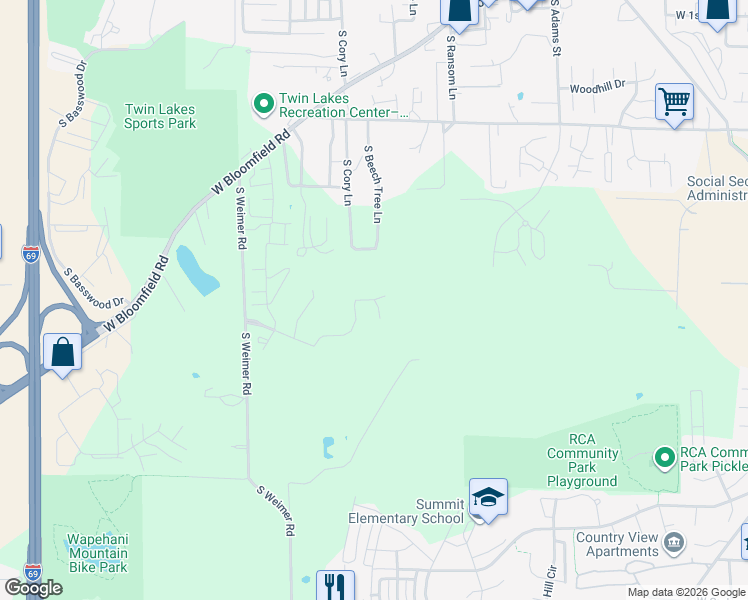 map of restaurants, bars, coffee shops, grocery stores, and more near 2001 West Arbor Ridge Way in Bloomington
