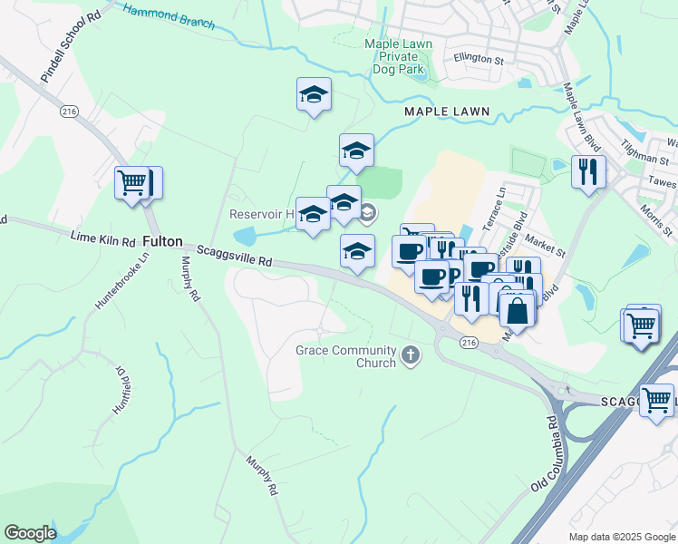 map of restaurants, bars, coffee shops, grocery stores, and more near 11600 Scaggsville Road in Fulton