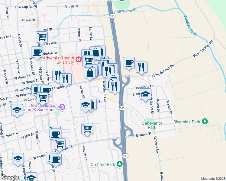 map of restaurants, bars, coffee shops, grocery stores, and more near 159 Orchard Plaza in Ukiah