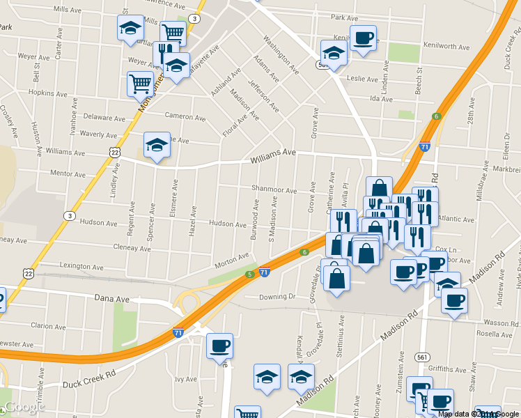 map of restaurants, bars, coffee shops, grocery stores, and more near 3920 Burwood Avenue in Cincinnati