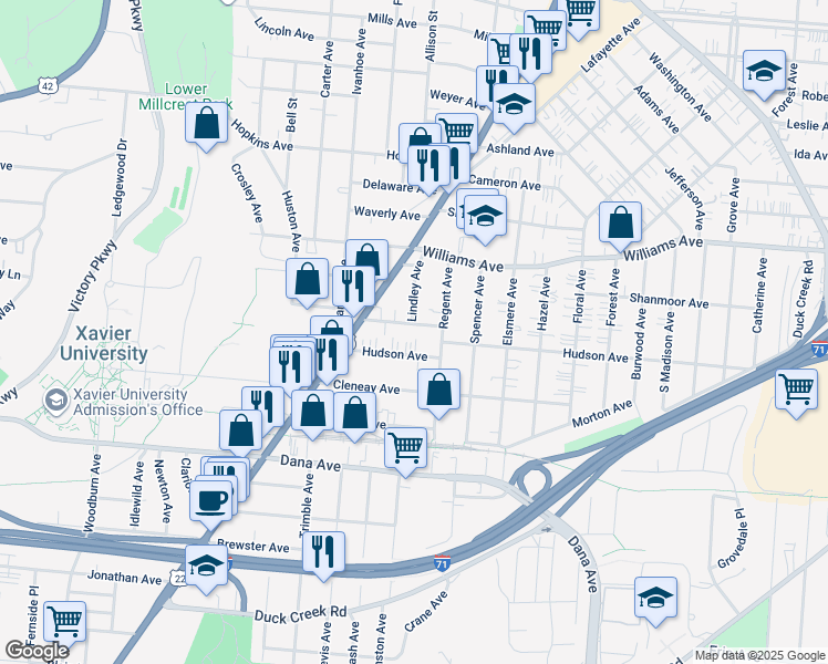 map of restaurants, bars, coffee shops, grocery stores, and more near 2001 Wayland Avenue in Cincinnati