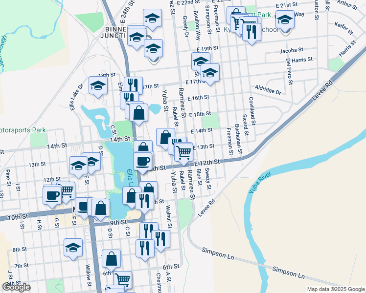 map of restaurants, bars, coffee shops, grocery stores, and more near 15 East 13th Street in Marysville