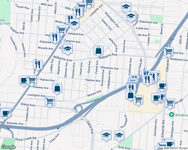 map of restaurants, bars, coffee shops, grocery stores, and more near 3919 Forest Avenue in Cincinnati