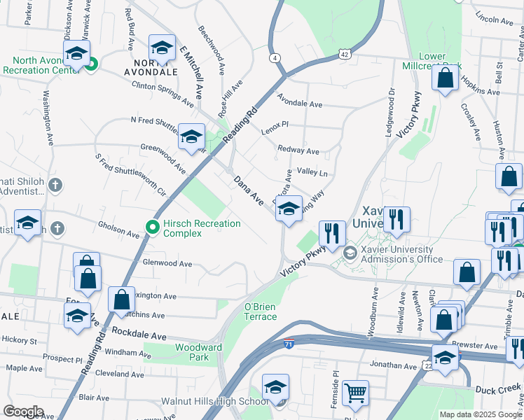 map of restaurants, bars, coffee shops, grocery stores, and more near 999 Dana Avenue in Cincinnati