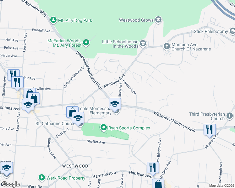 map of restaurants, bars, coffee shops, grocery stores, and more near 3423 Millrich Avenue in Cincinnati