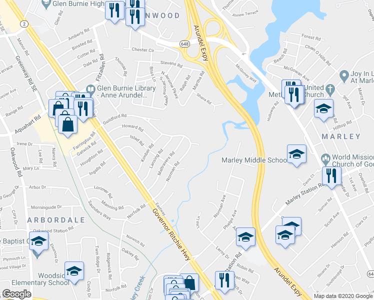 map of restaurants, bars, coffee shops, grocery stores, and more near 2016 Norman Road in Glen Burnie