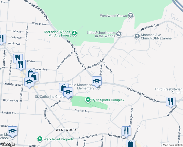 map of restaurants, bars, coffee shops, grocery stores, and more near 3401 Tinaview Court in Cincinnati
