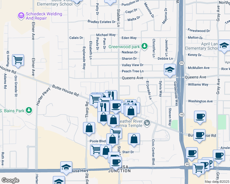 map of restaurants, bars, coffee shops, grocery stores, and more near 1450 Stabler Lane in Yuba City