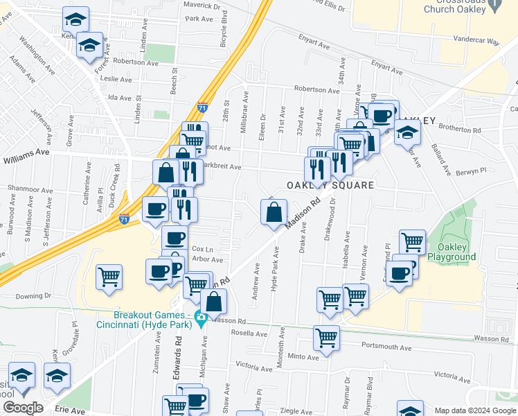 map of restaurants, bars, coffee shops, grocery stores, and more near 3860 Hyde Park Avenue in Cincinnati