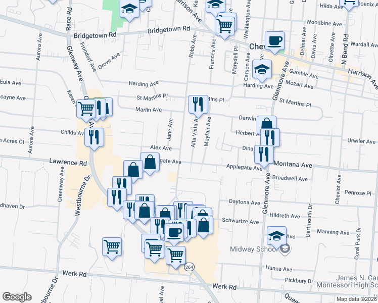 map of restaurants, bars, coffee shops, grocery stores, and more near 3411 Alta Vista Avenue in Cincinnati