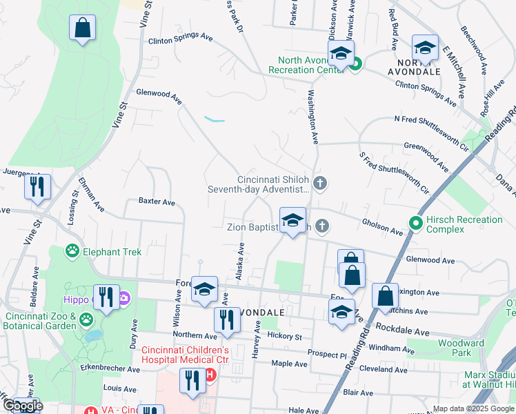 map of restaurants, bars, coffee shops, grocery stores, and more near 3642 Alaska Avenue in Cincinnati