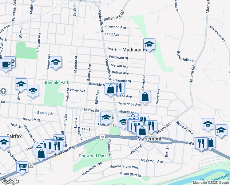 map of restaurants, bars, coffee shops, grocery stores, and more near 4204 Plainville Road in Cincinnati