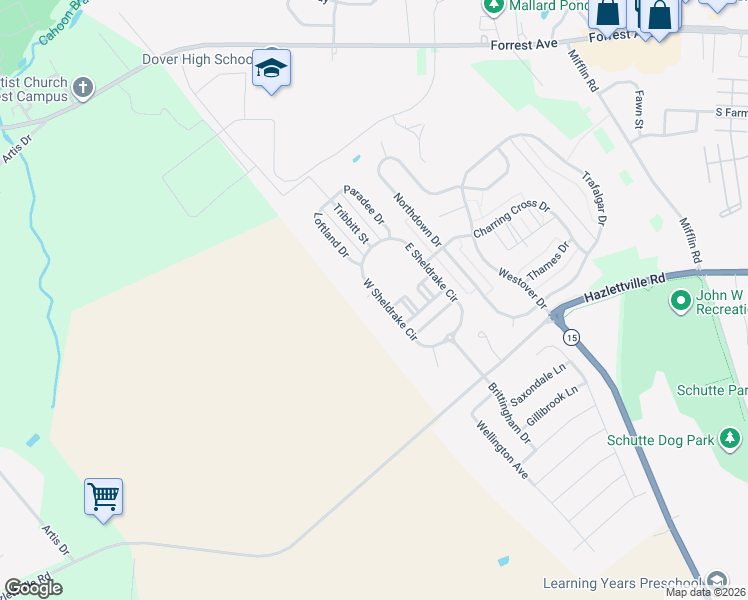 map of restaurants, bars, coffee shops, grocery stores, and more near 164 West Sheldrake Circle in Dover