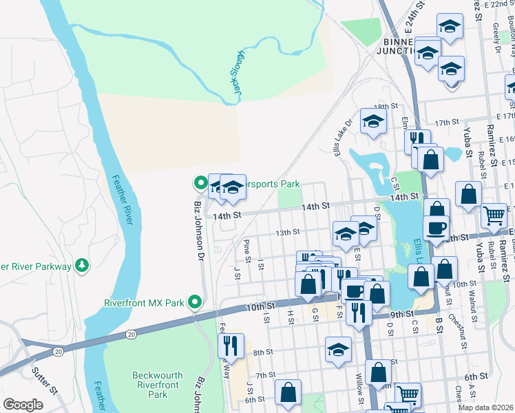 map of restaurants, bars, coffee shops, grocery stores, and more near 935 14th Street in Marysville